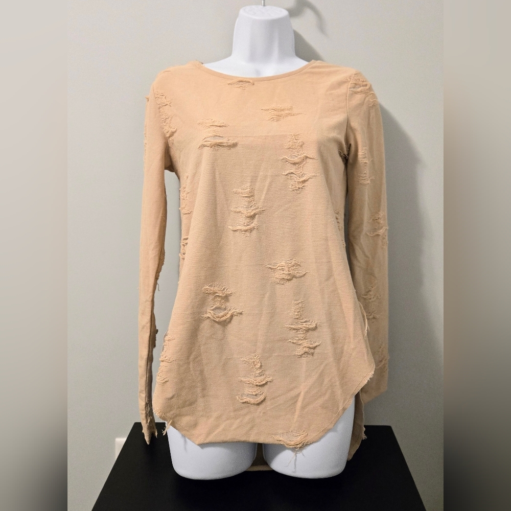 H&M Divided Beige/Tan Distressed Long Sleeve Top. Size XS.